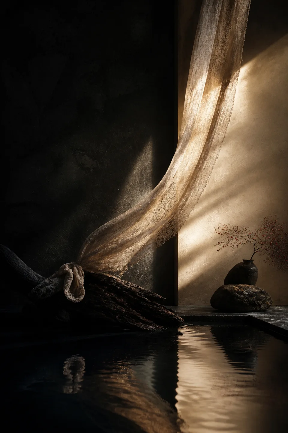 A handwoven veil between cool mineral shadow and a narrow field of warm light, with no deity, icon or sacred symbol.