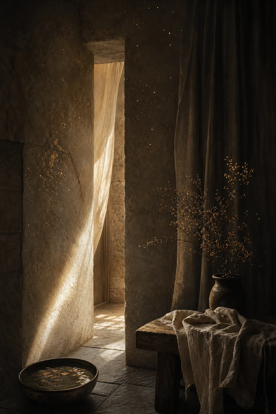 A quiet stone room where linen, breath-soft light and the trace of movement make the body present without making it identifiable.