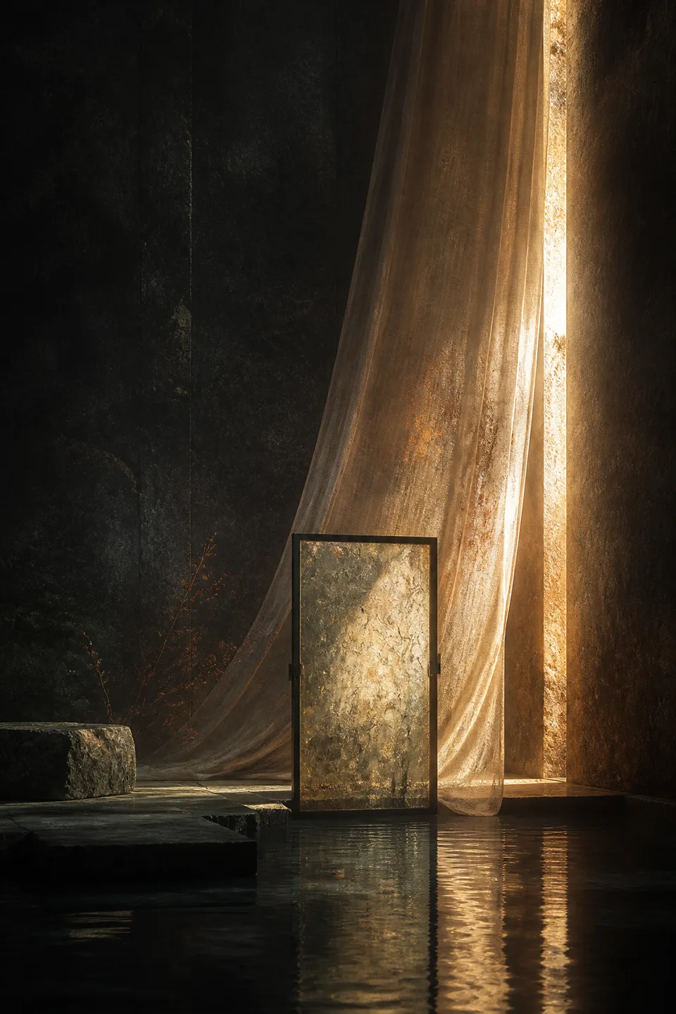 A handwoven veil between cool mineral shadow and a narrow field of warm light, with no deity, icon or sacred symbol.