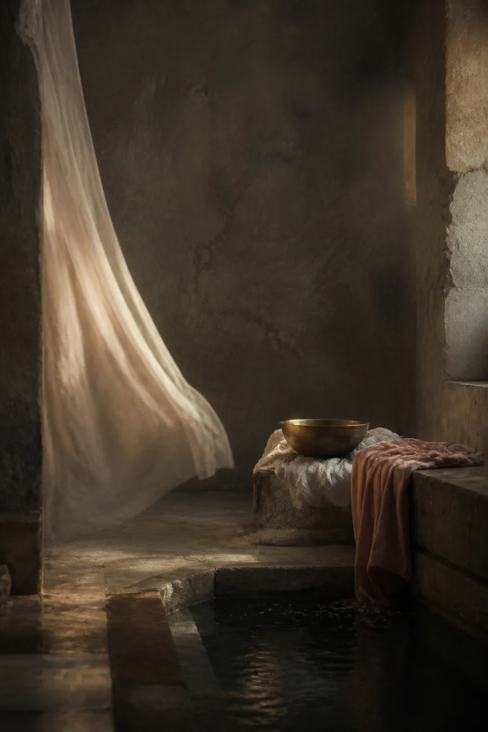 A quiet stone room where linen, breath-soft light and the trace of movement make the body present without making it identifiable.