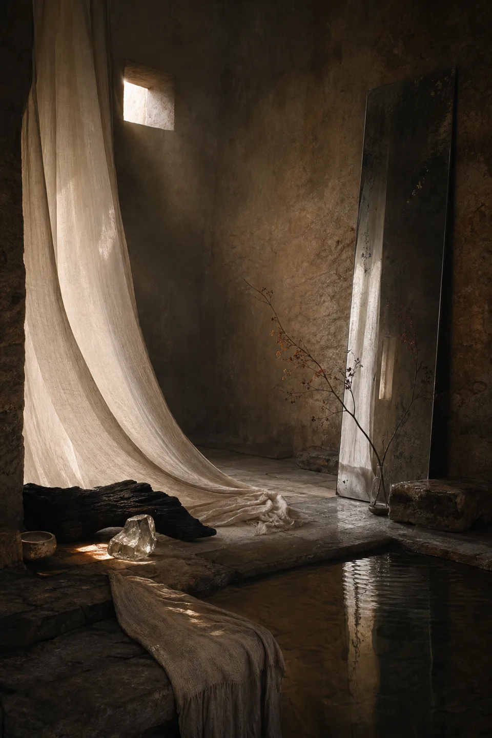 A quiet stone room where linen, breath-soft light and the trace of movement make the body present without making it identifiable.
