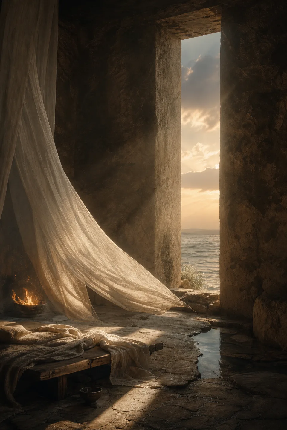 A quiet stone room where linen, breath-soft light and the trace of movement make the body present without making it identifiable.