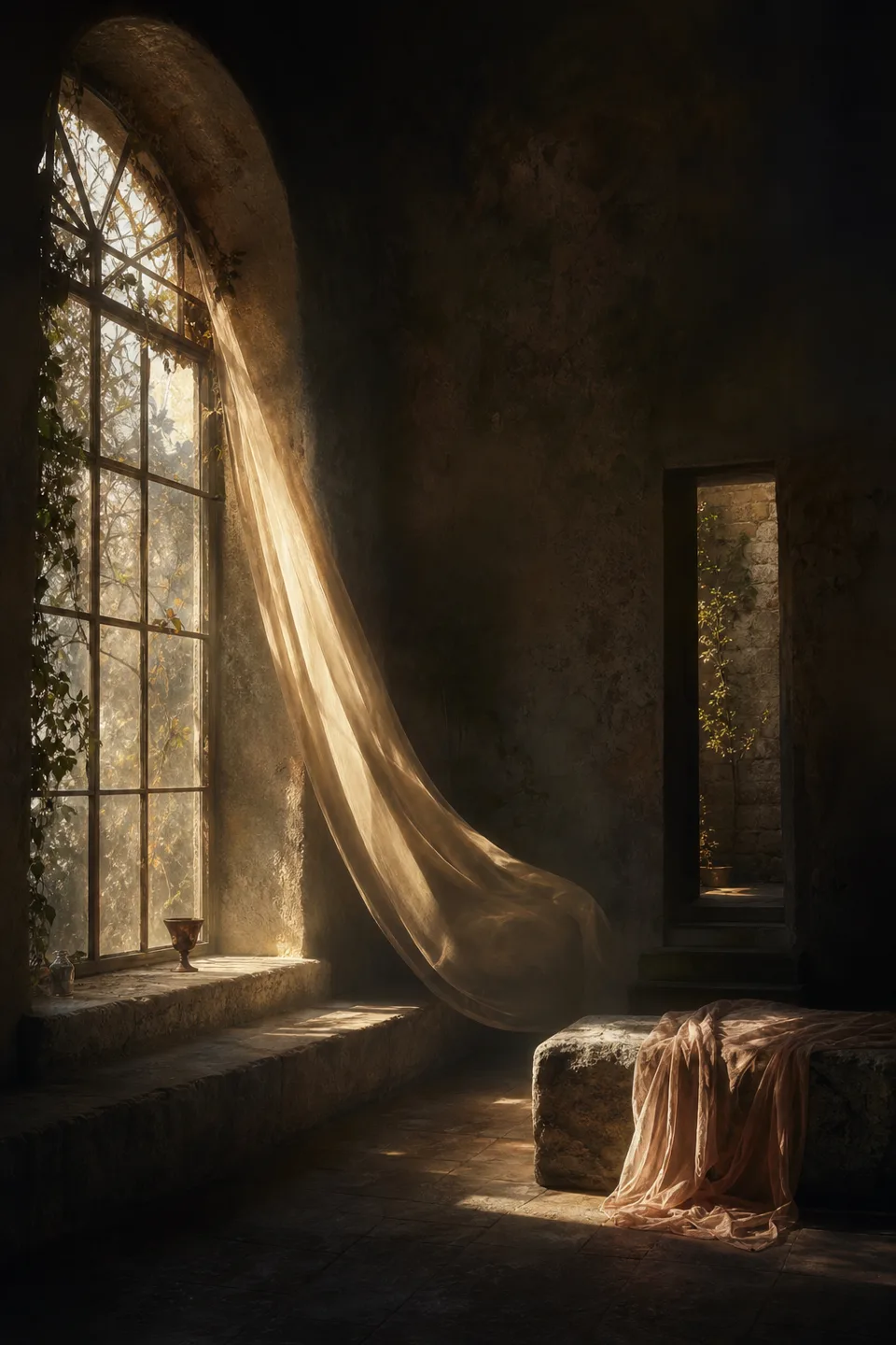 A quiet stone room where linen, breath-soft light and the trace of movement make the body present without making it identifiable.