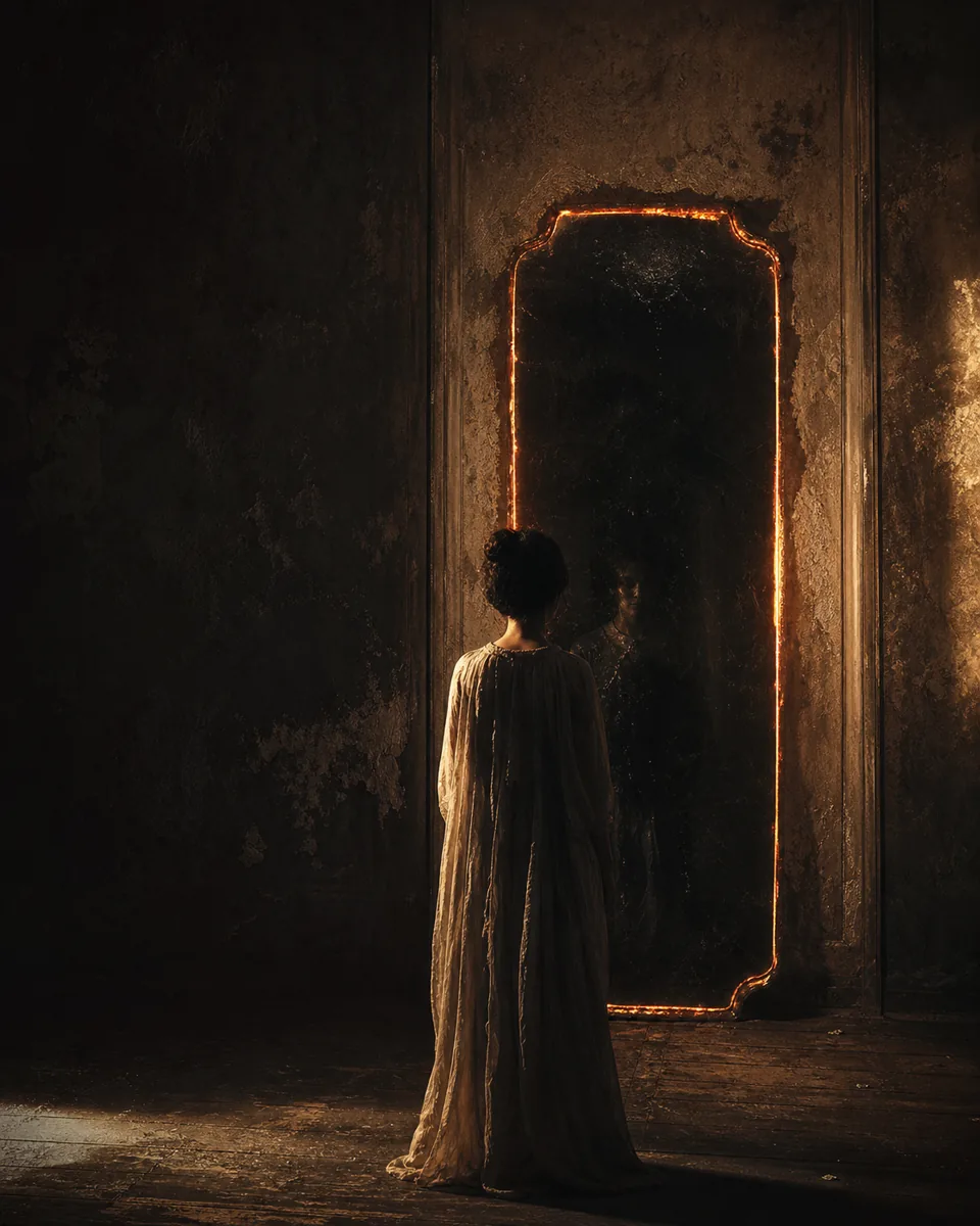 A lone person facing an obsidian mirror with a shadowy reflection and a thin ember glow.