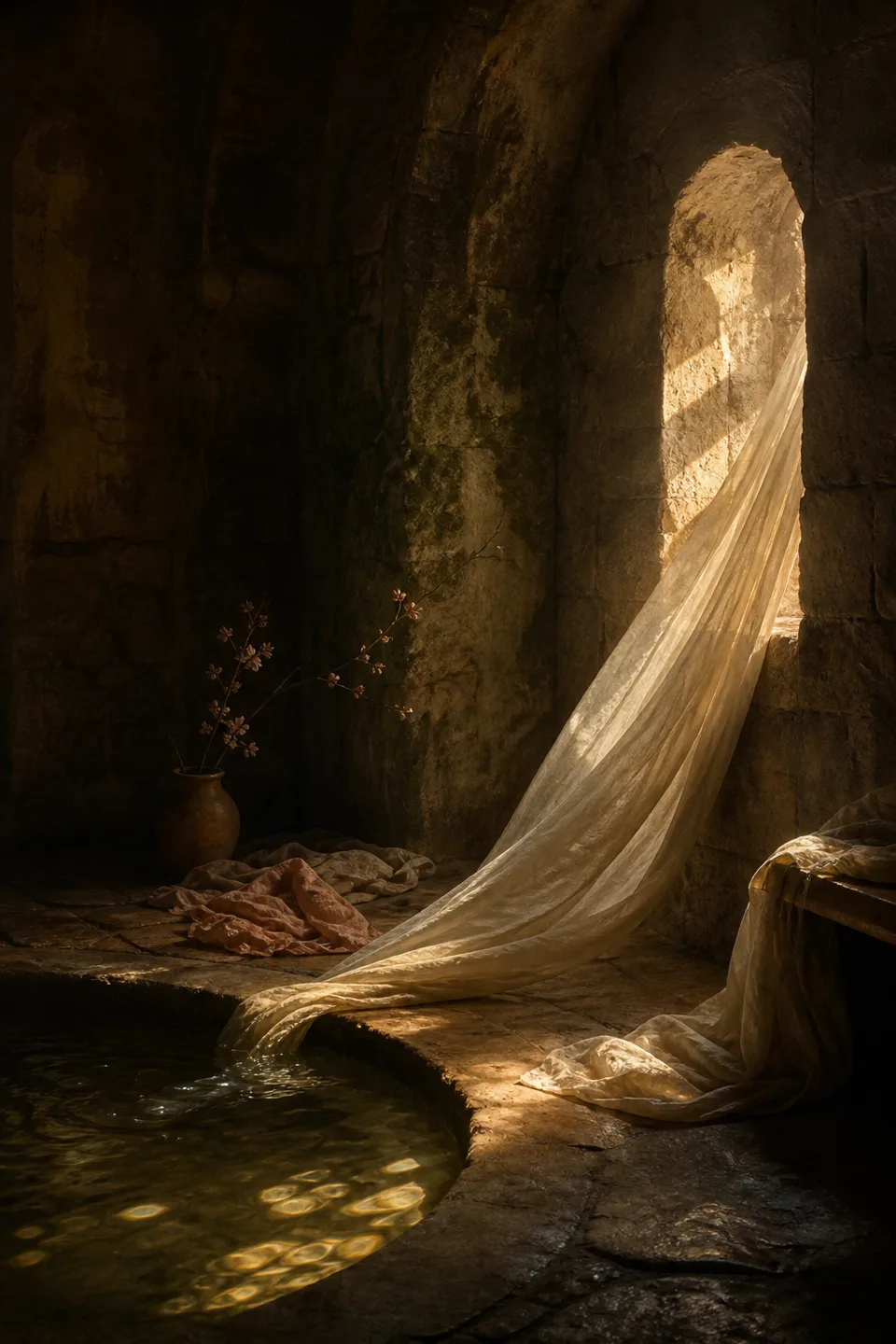 A quiet stone room where linen, breath-soft light and the trace of movement make the body present without making it identifiable.