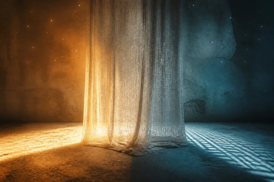 A translucent veil between cool blue and warm gold light, with a faint labyrinth-shaped shadow on the floor.