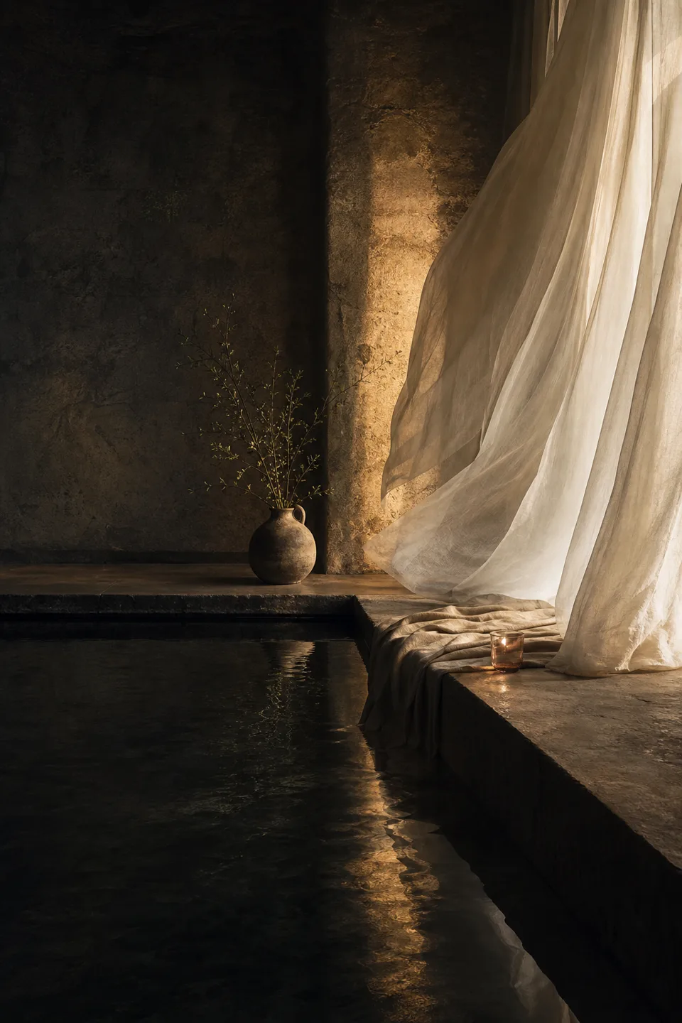 A quiet stone room where linen, breath-soft light and the trace of movement make the body present without making it identifiable.