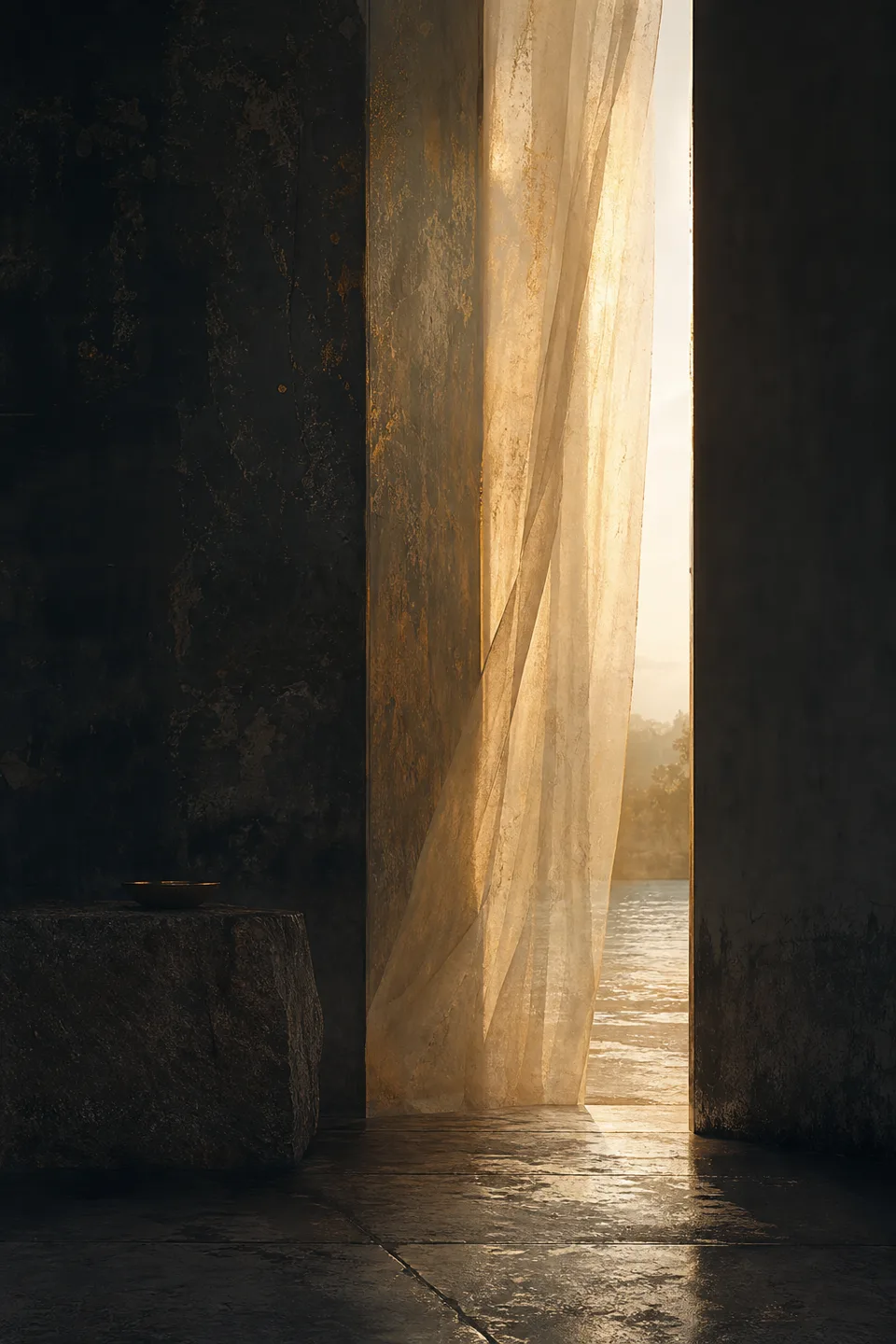 A handwoven veil between cool mineral shadow and a narrow field of warm light, with no deity, icon or sacred symbol.