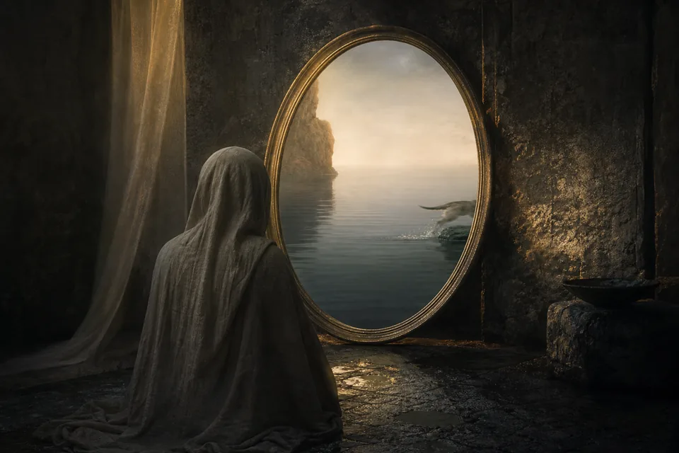 An anonymous figure facing an oval mirror that reflects still water and sky instead of a face.
