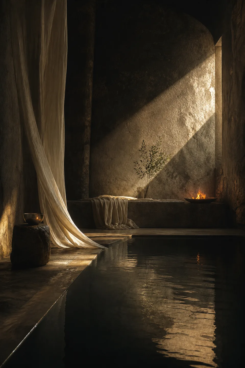 A quiet stone room where linen, breath-soft light and the trace of movement make the body present without making it identifiable.