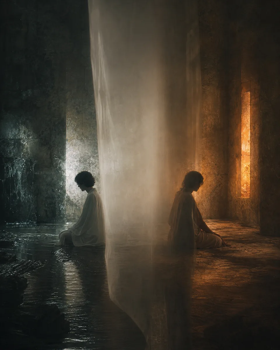 Two distant figures seen through opposite sides of a translucent veil in a dim stone room.