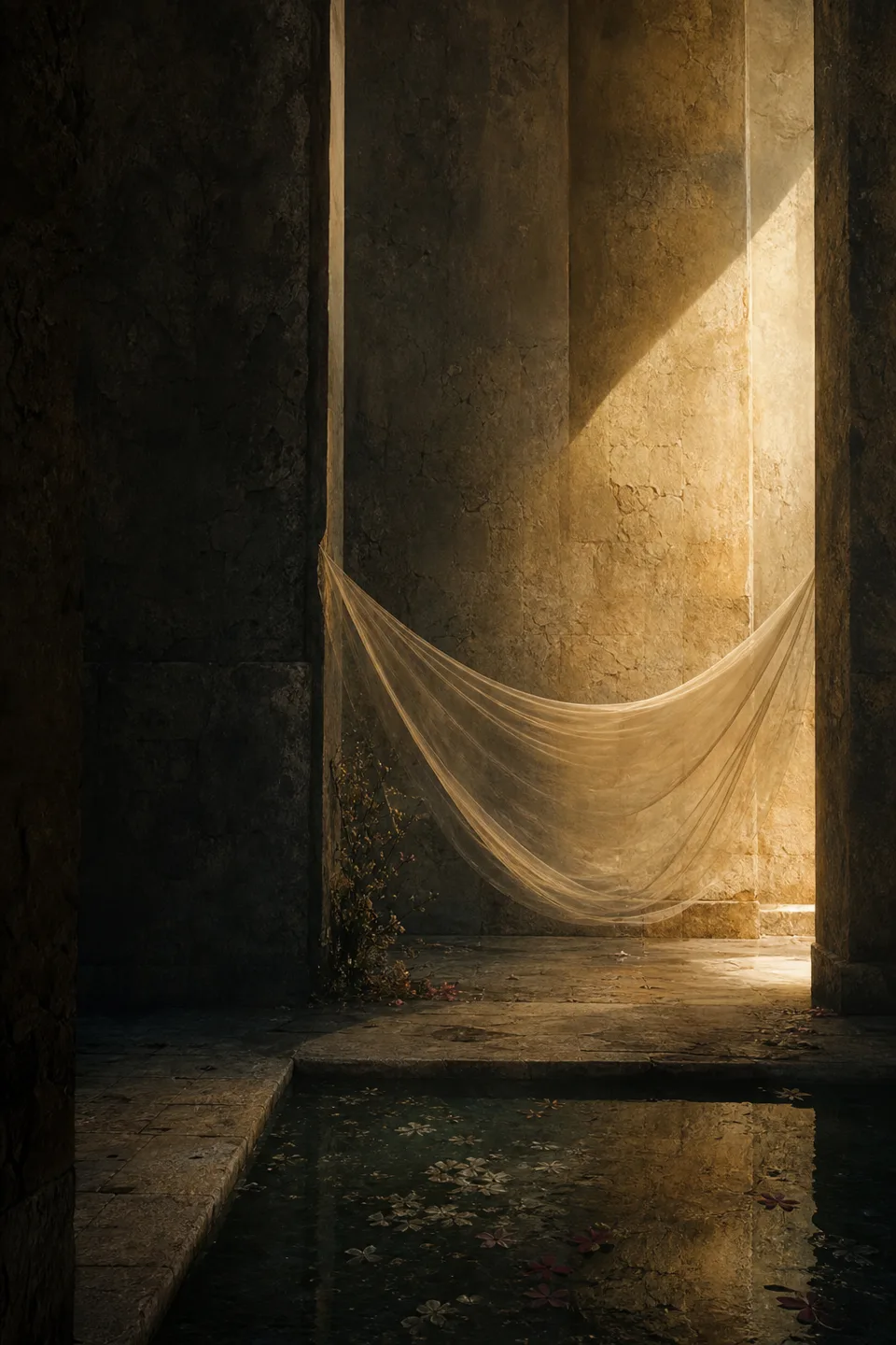 A handwoven veil between cool mineral shadow and a narrow field of warm light, with no deity, icon or sacred symbol.