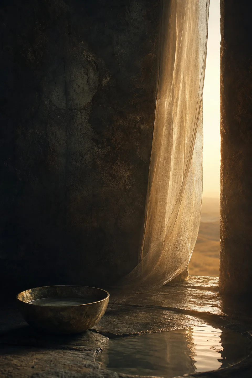 A handwoven veil between cool mineral shadow and a narrow field of warm light, with no deity, icon or sacred symbol.