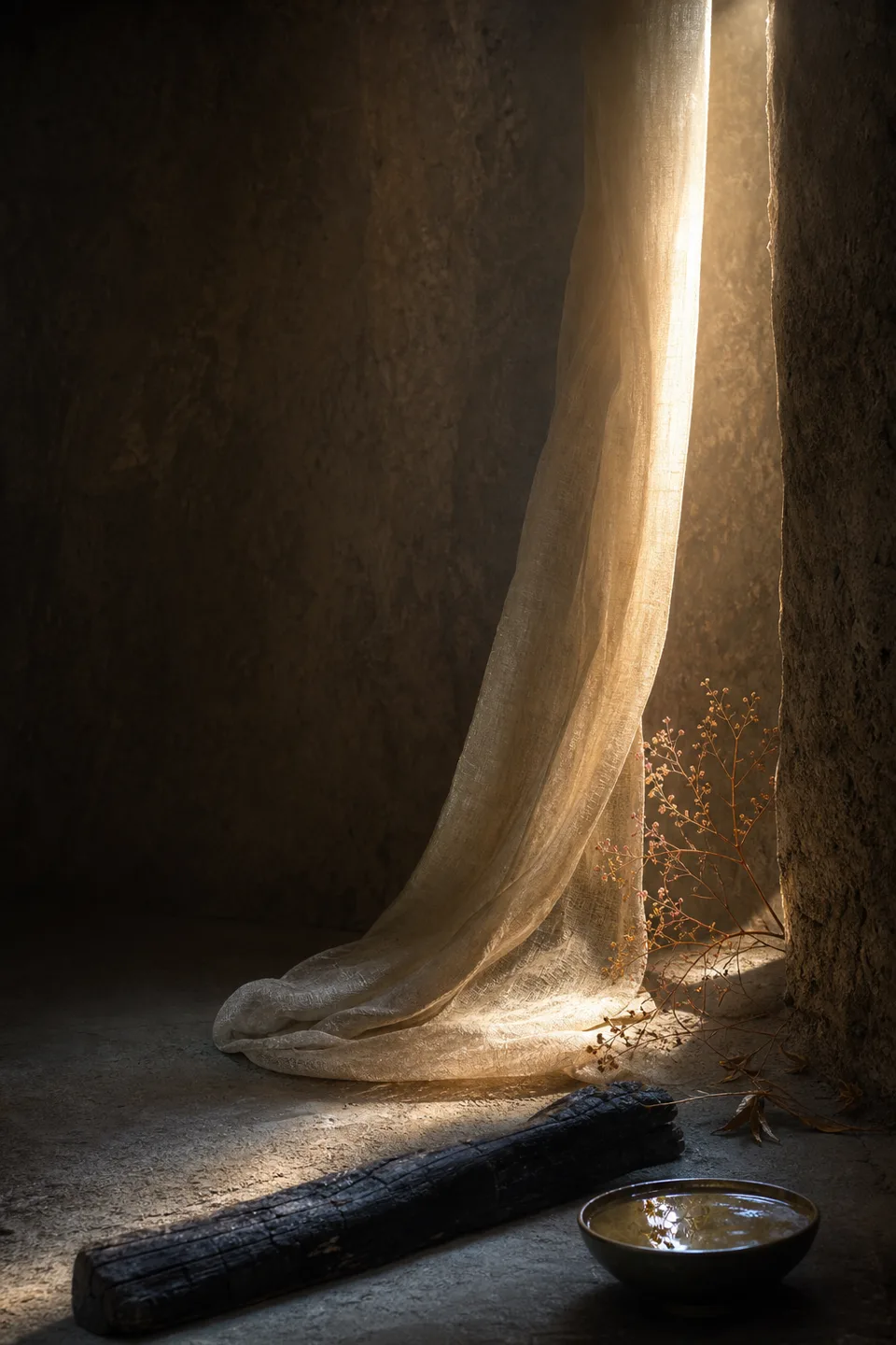 A handwoven veil between cool mineral shadow and a narrow field of warm light, with no deity, icon or sacred symbol.