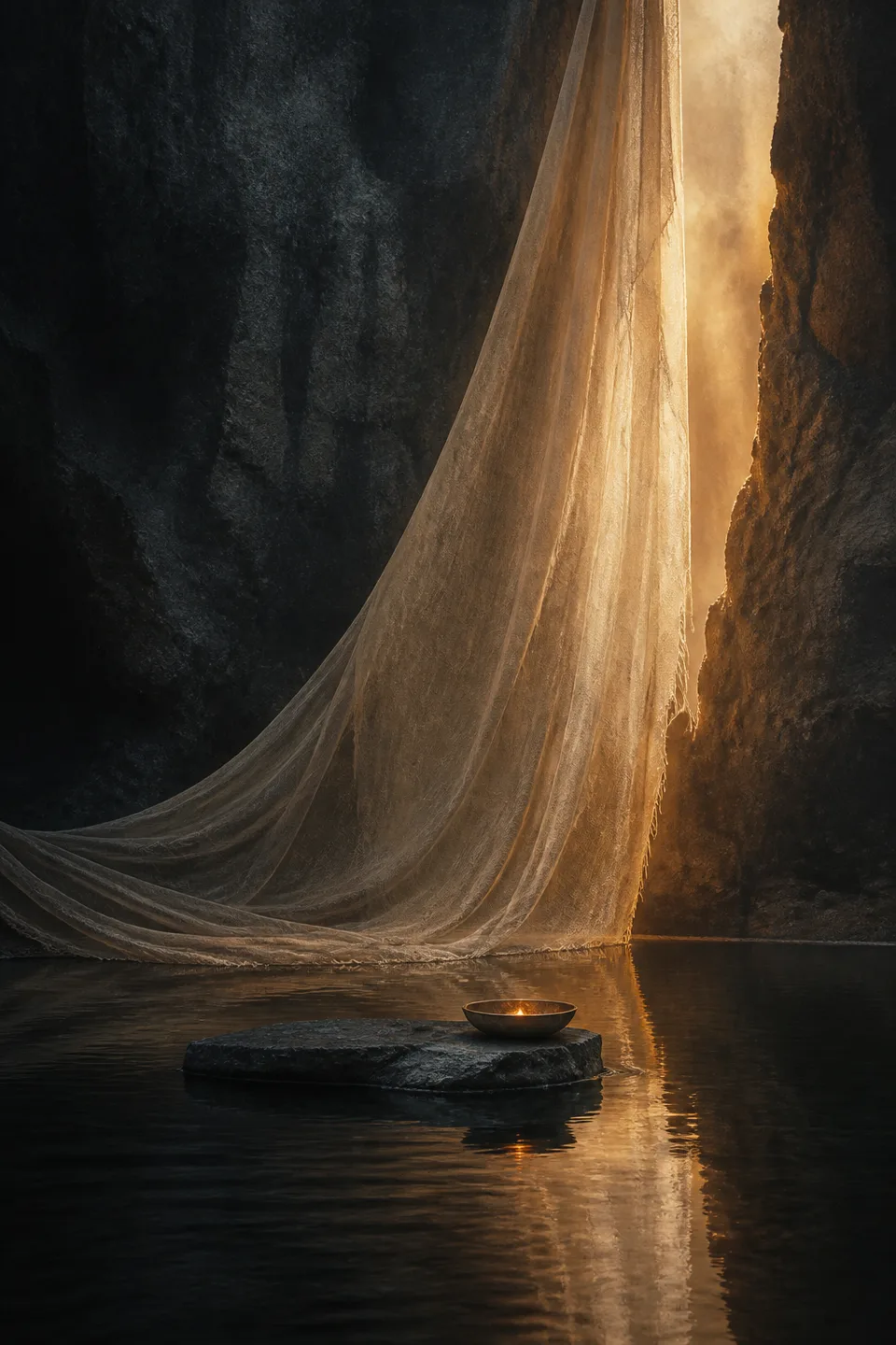 A handwoven veil between cool mineral shadow and a narrow field of warm light, with no deity, icon or sacred symbol.