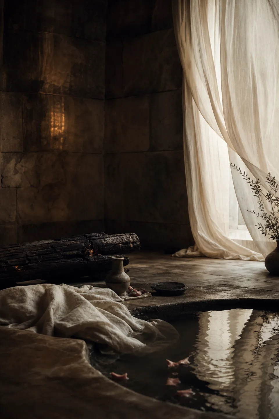 A quiet stone room where linen, breath-soft light and the trace of movement make the body present without making it identifiable.
