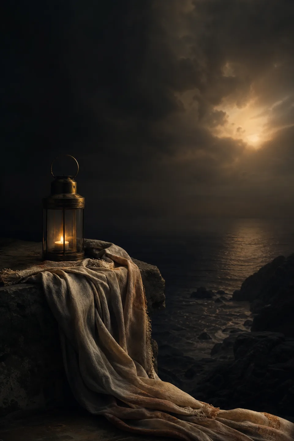 A materially grounded landscape or room where one restrained warm light interrupts obsidian shadow.