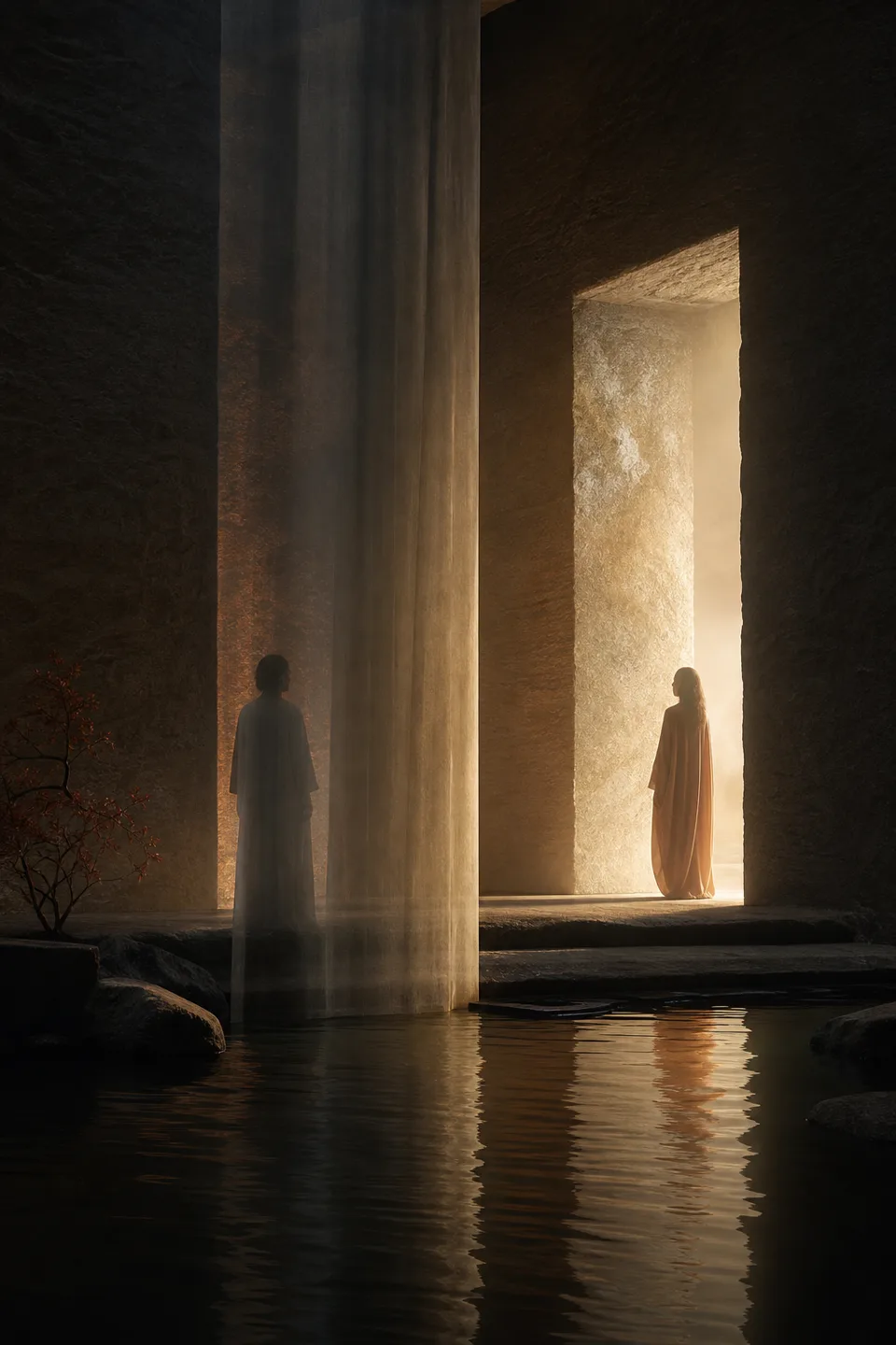 Two quiet light fields held in one tactile room, separated by translucent fabric and generous negative space.
