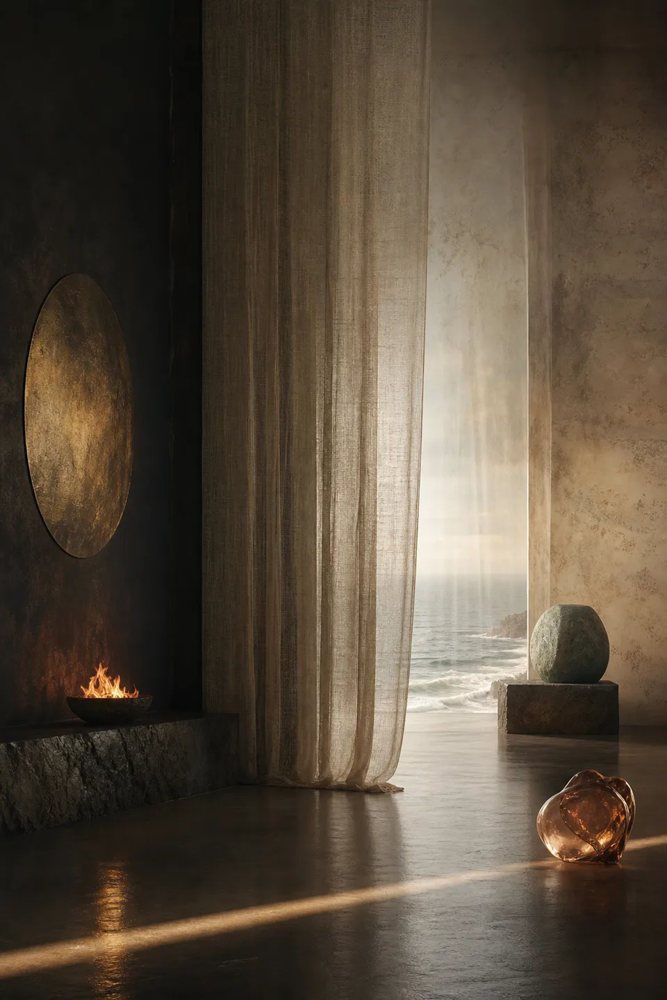Two quiet light fields held in one tactile room, separated by translucent fabric and generous negative space.