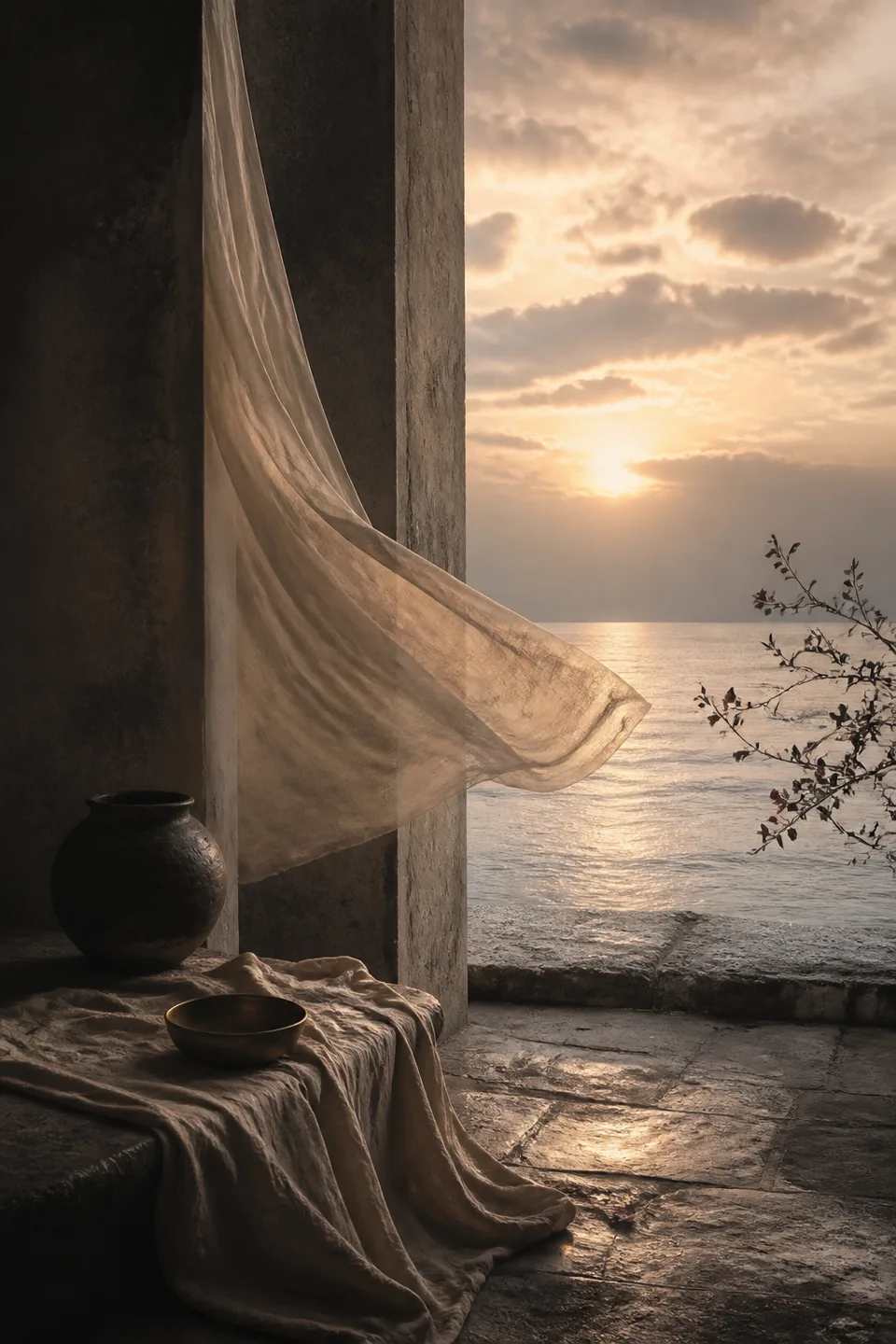 An open coastal threshold with wind moving through cloth toward a restrained dawn sea.