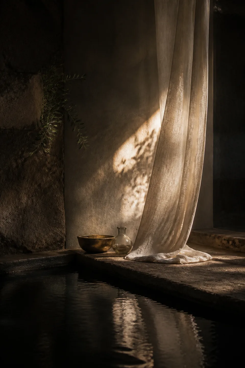 A quiet stone room where linen, breath-soft light and the trace of movement make the body present without making it identifiable.