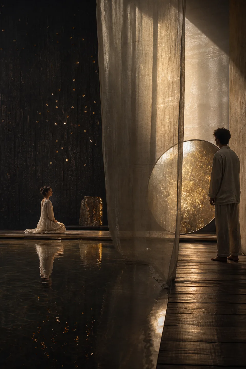 Two quiet light fields held in one tactile room, separated by translucent fabric and generous negative space.