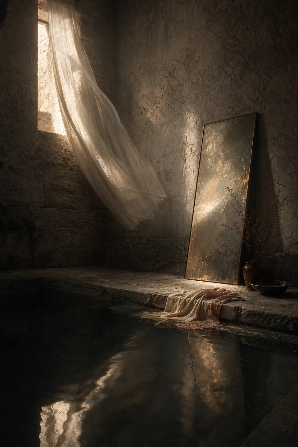 A quiet stone room where linen, breath-soft light and the trace of movement make the body present without making it identifiable.