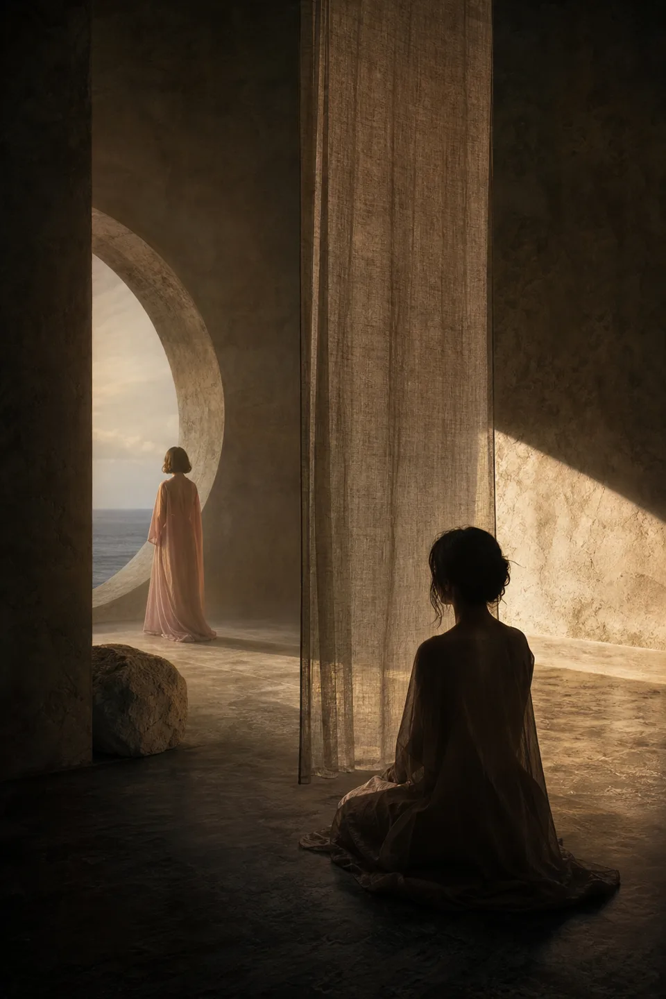 Two quiet light fields held in one tactile room, separated by translucent fabric and generous negative space.