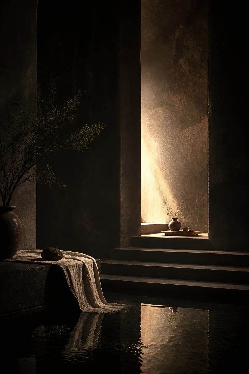 A materially grounded landscape or room where one restrained warm light interrupts obsidian shadow.
