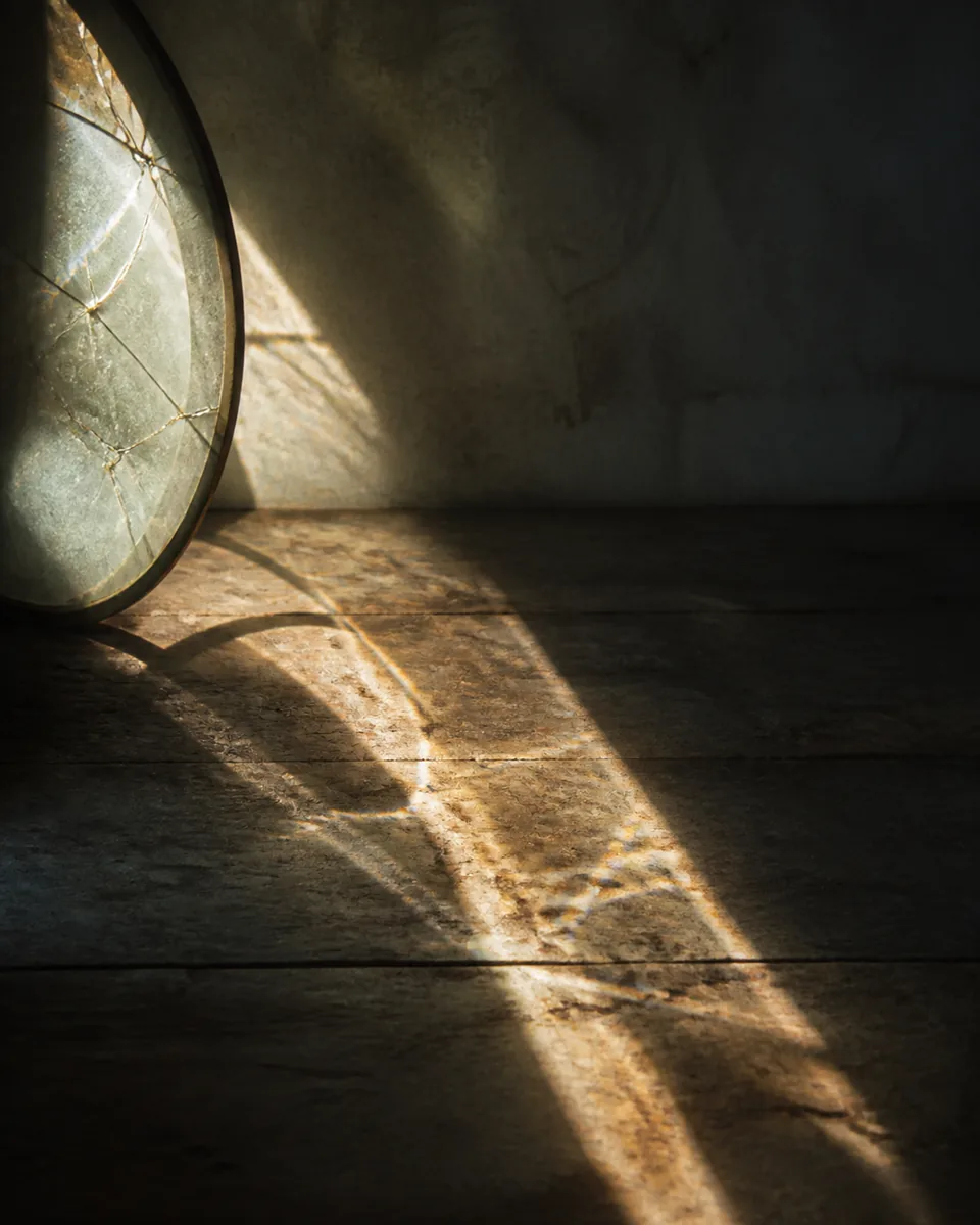 Morning light passing through repaired glass and forming a warm band across a worn wooden floor.
