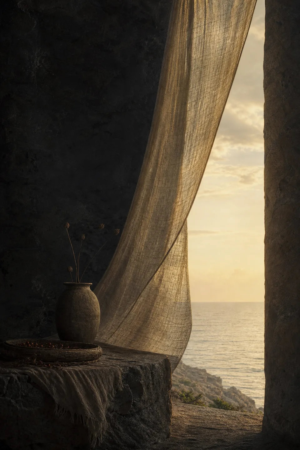 A handwoven veil between cool mineral shadow and a narrow field of warm light, with no deity, icon or sacred symbol.