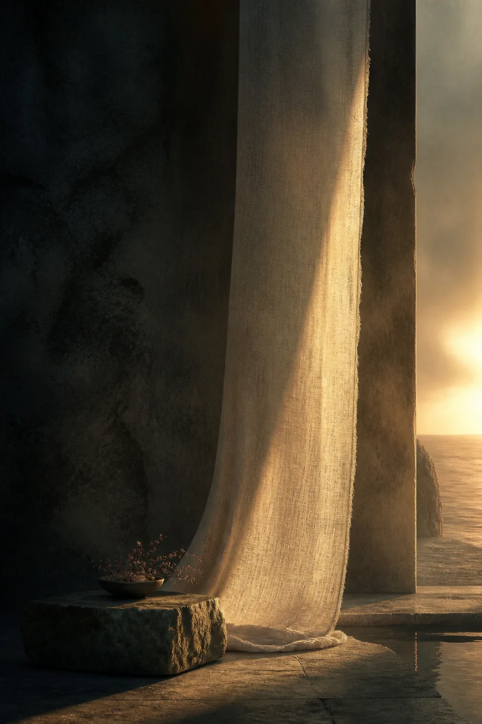 A handwoven veil between cool mineral shadow and a narrow field of warm light, with no deity, icon or sacred symbol.
