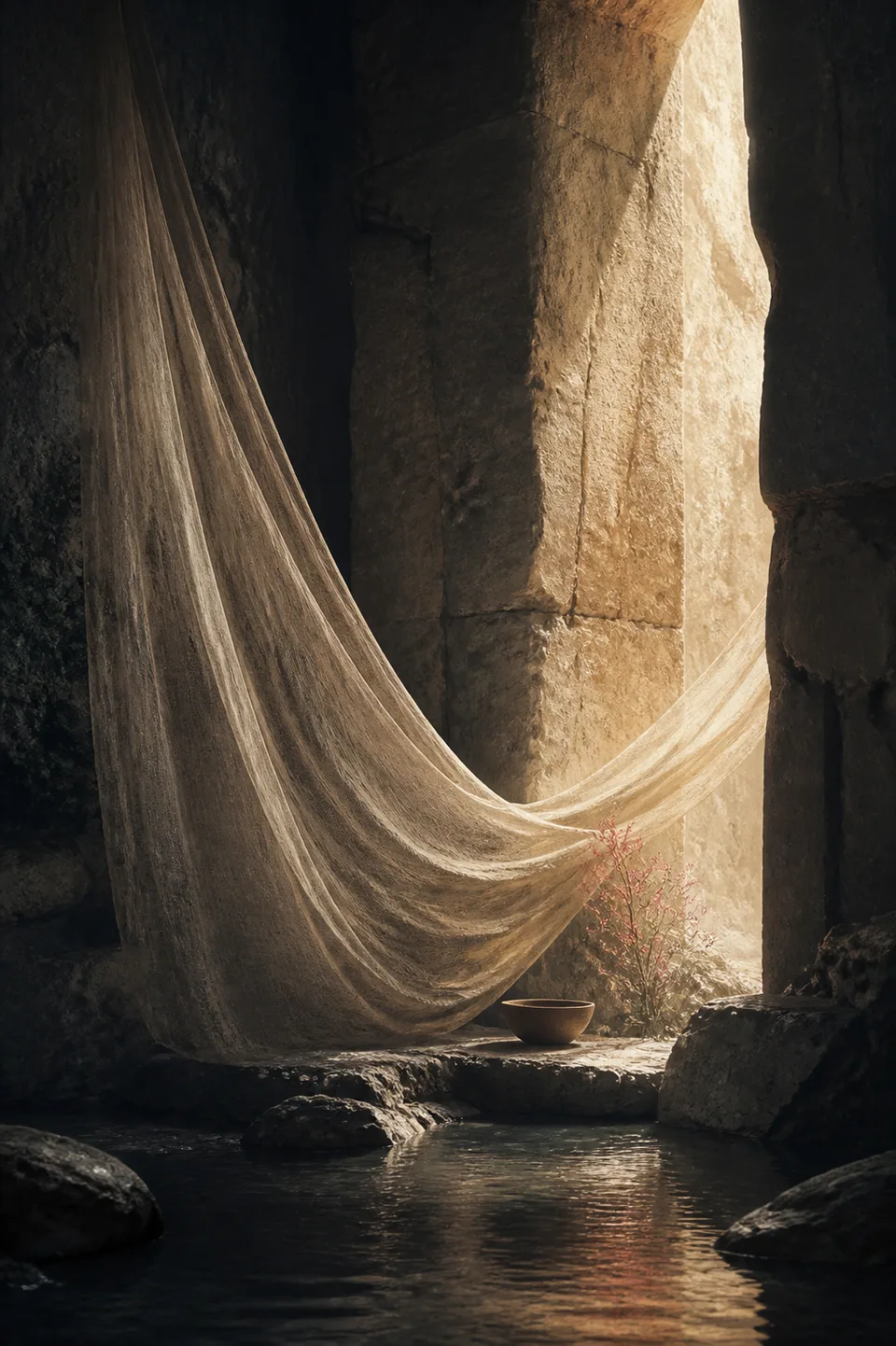 A handwoven veil between cool mineral shadow and a narrow field of warm light, with no deity, icon or sacred symbol.