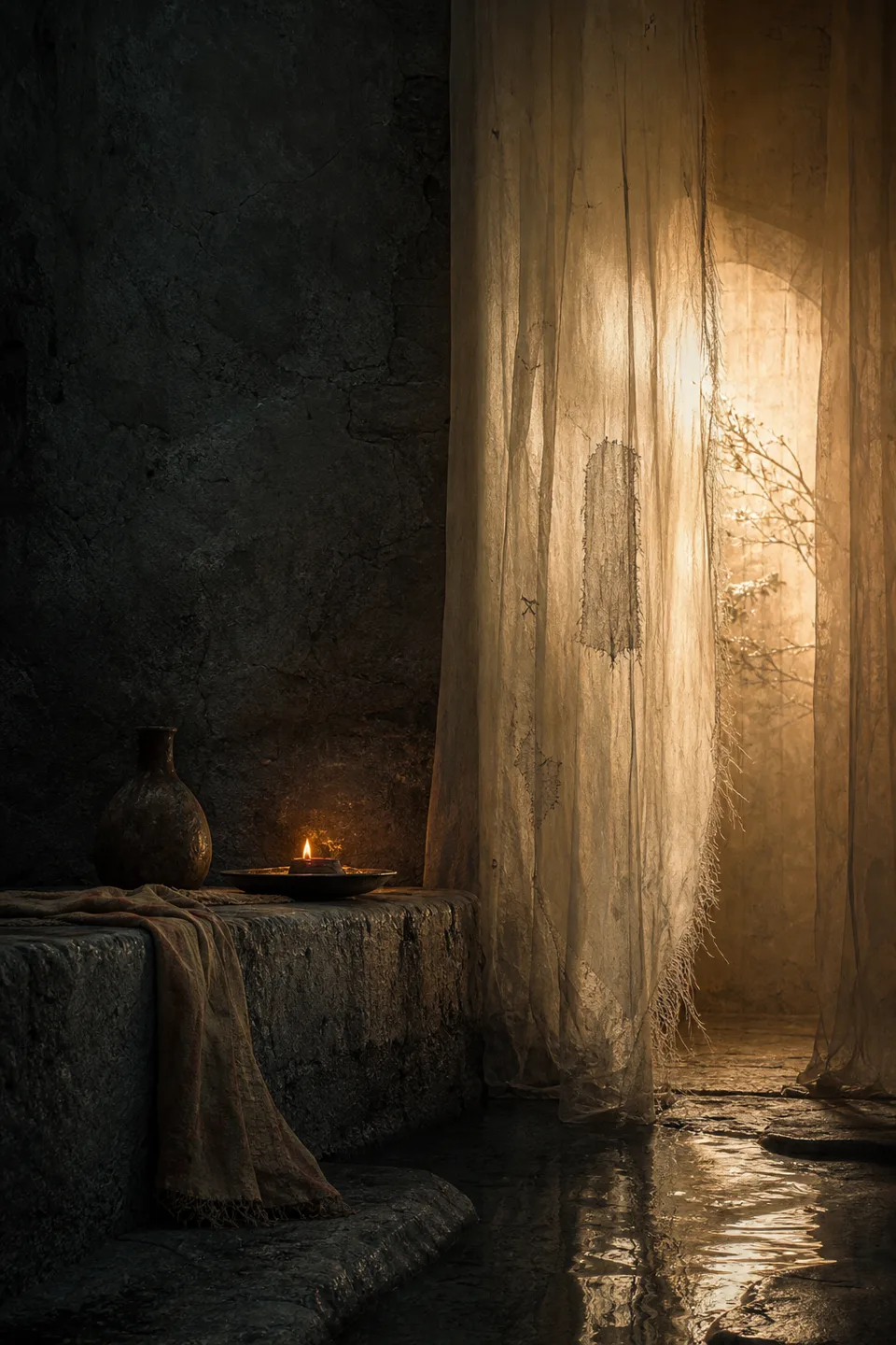 A handwoven veil between cool mineral shadow and a narrow field of warm light, with no deity, icon or sacred symbol.