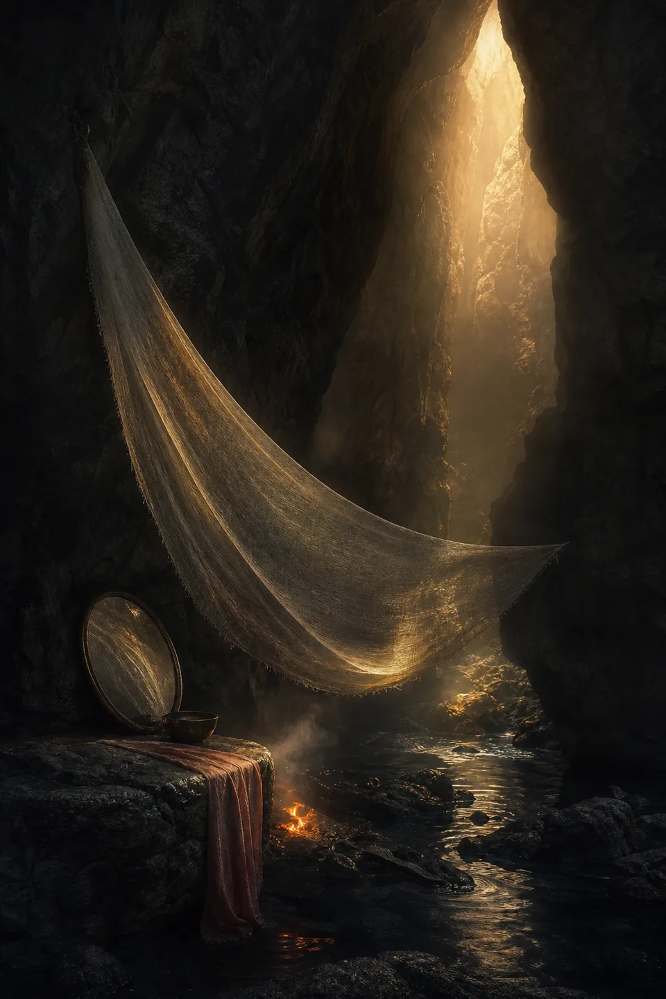 A handwoven veil between cool mineral shadow and a narrow field of warm light, with no deity, icon or sacred symbol.