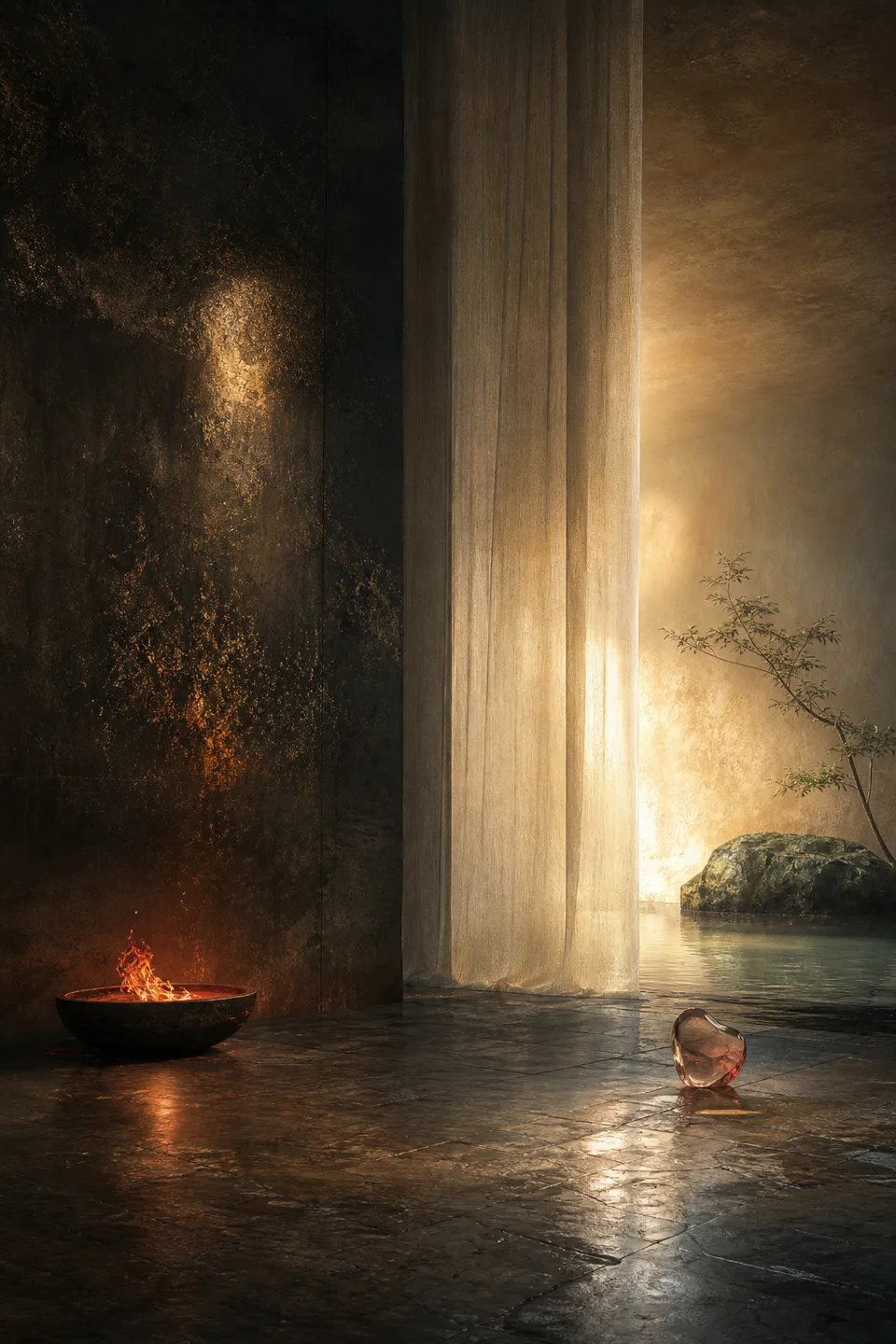 Two quiet light fields held in one tactile room, separated by translucent fabric and generous negative space.