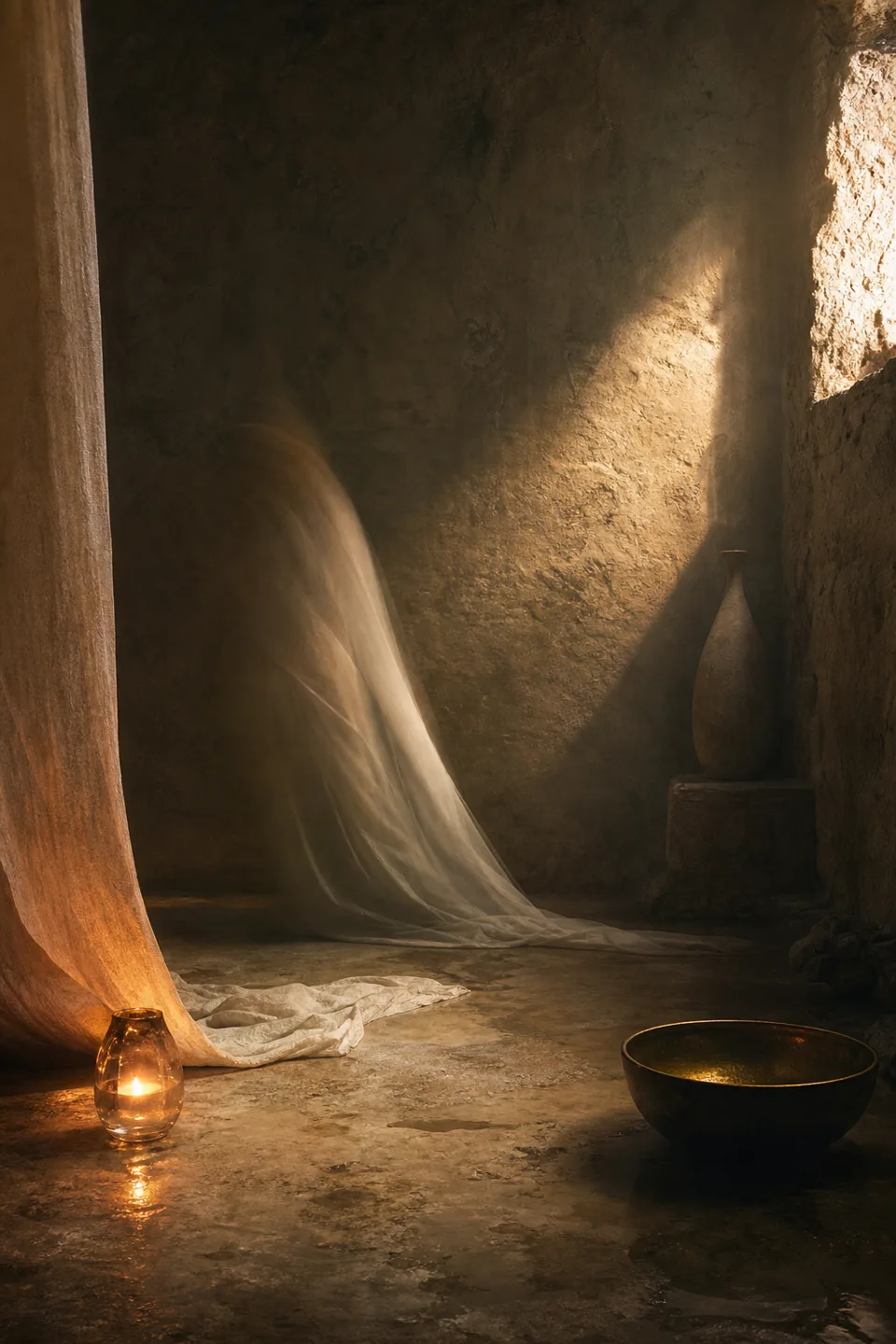 A quiet stone room where linen, breath-soft light and the trace of movement make the body present without making it identifiable.