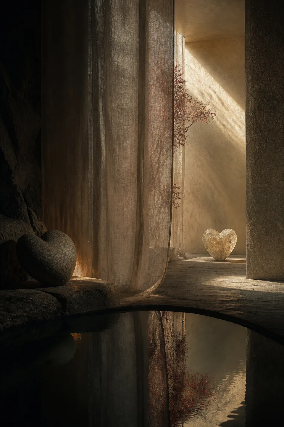 Two quiet light fields held in one tactile room, separated by translucent fabric and generous negative space.