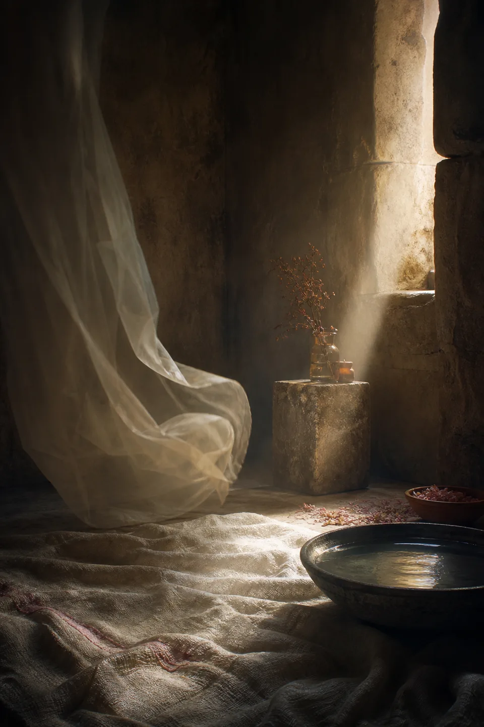 A quiet stone room where linen, breath-soft light and the trace of movement make the body present without making it identifiable.