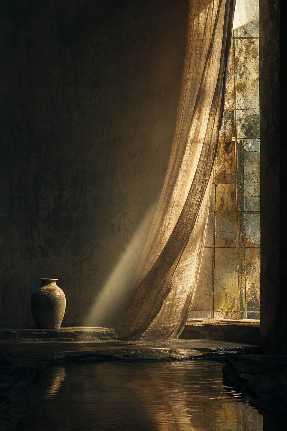 A handwoven veil between cool mineral shadow and a narrow field of warm light, with no deity, icon or sacred symbol.