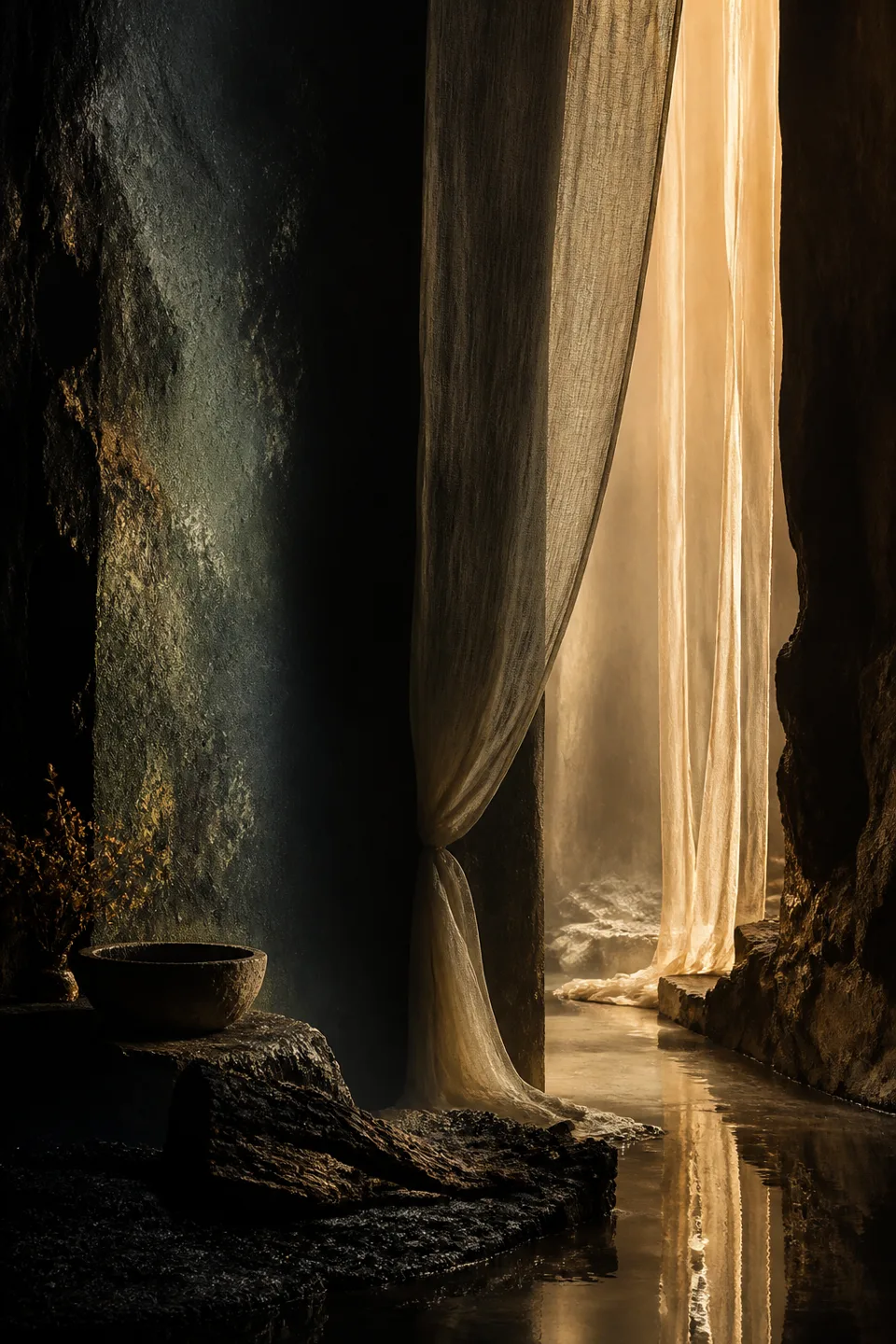A handwoven veil between cool mineral shadow and a narrow field of warm light, with no deity, icon or sacred symbol.