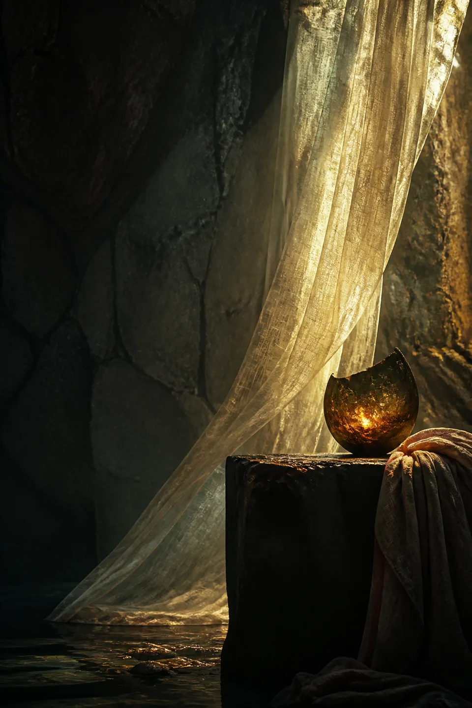 A handwoven veil between cool mineral shadow and a narrow field of warm light, with no deity, icon or sacred symbol.