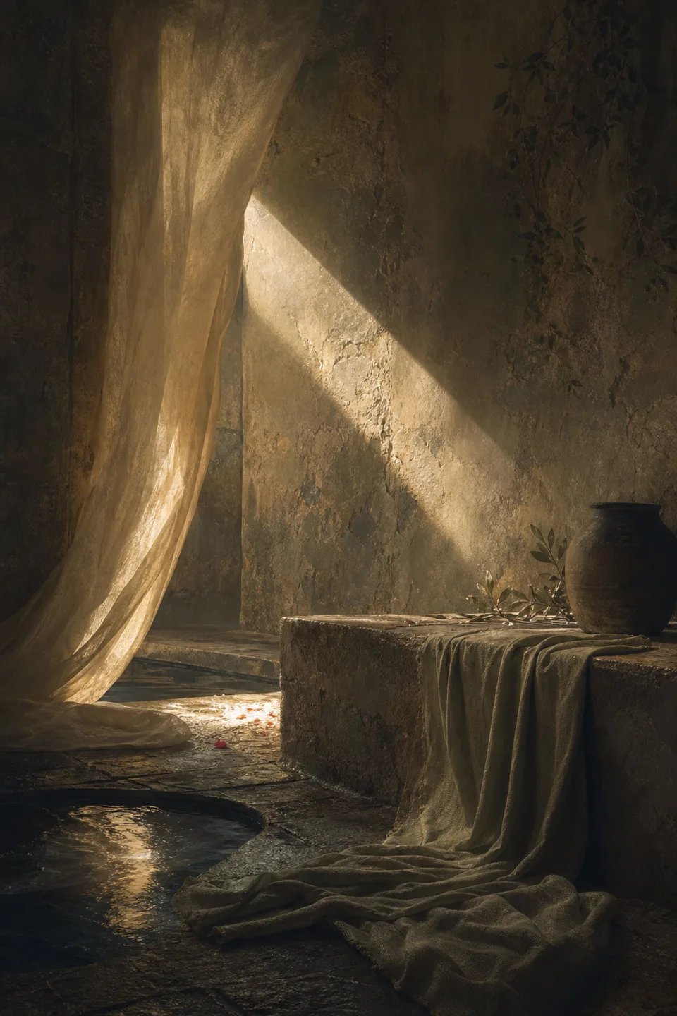 A quiet stone room where linen, breath-soft light and the trace of movement make the body present without making it identifiable.