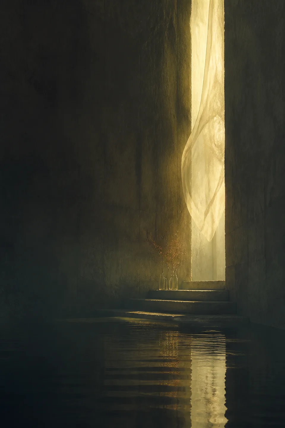 A handwoven veil between cool mineral shadow and a narrow field of warm light, with no deity, icon or sacred symbol.