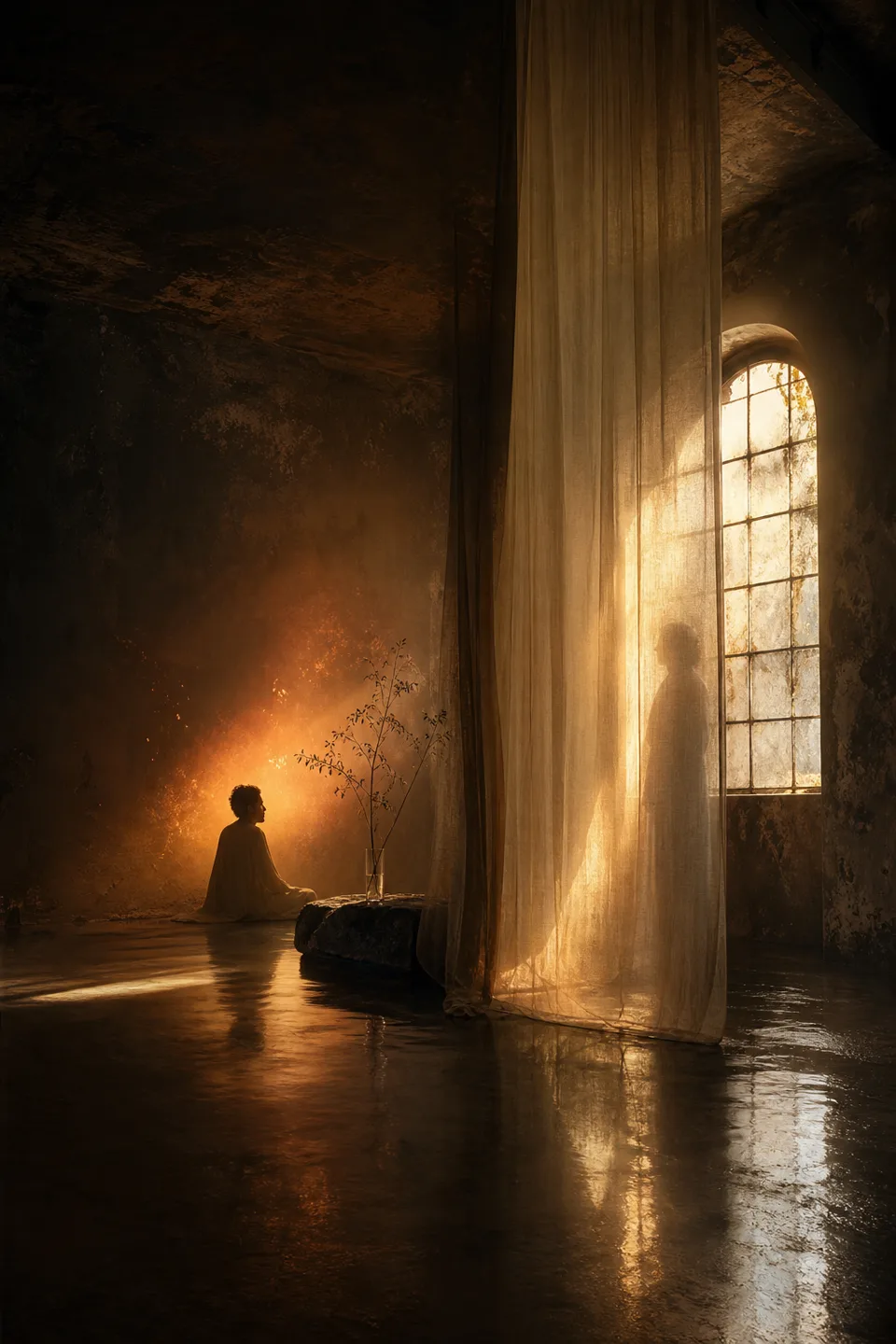 Two quiet light fields held in one tactile room, separated by translucent fabric and generous negative space.