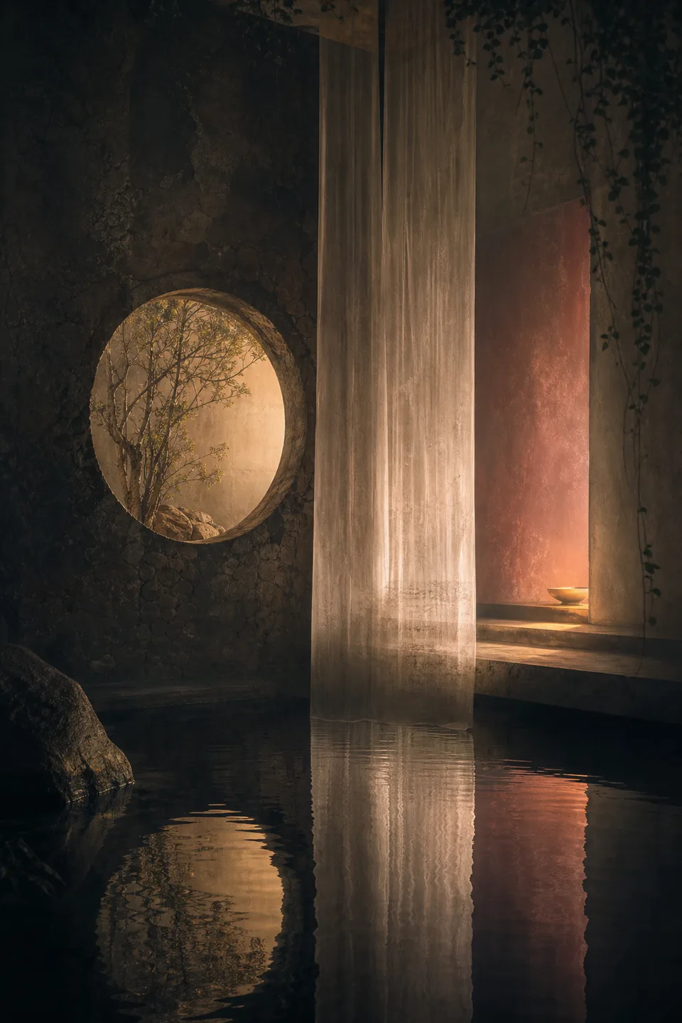 Two quiet light fields held in one tactile room, separated by translucent fabric and generous negative space.
