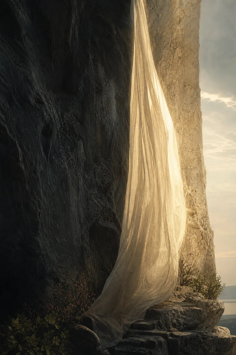 A handwoven veil between cool mineral shadow and a narrow field of warm light, with no deity, icon or sacred symbol.