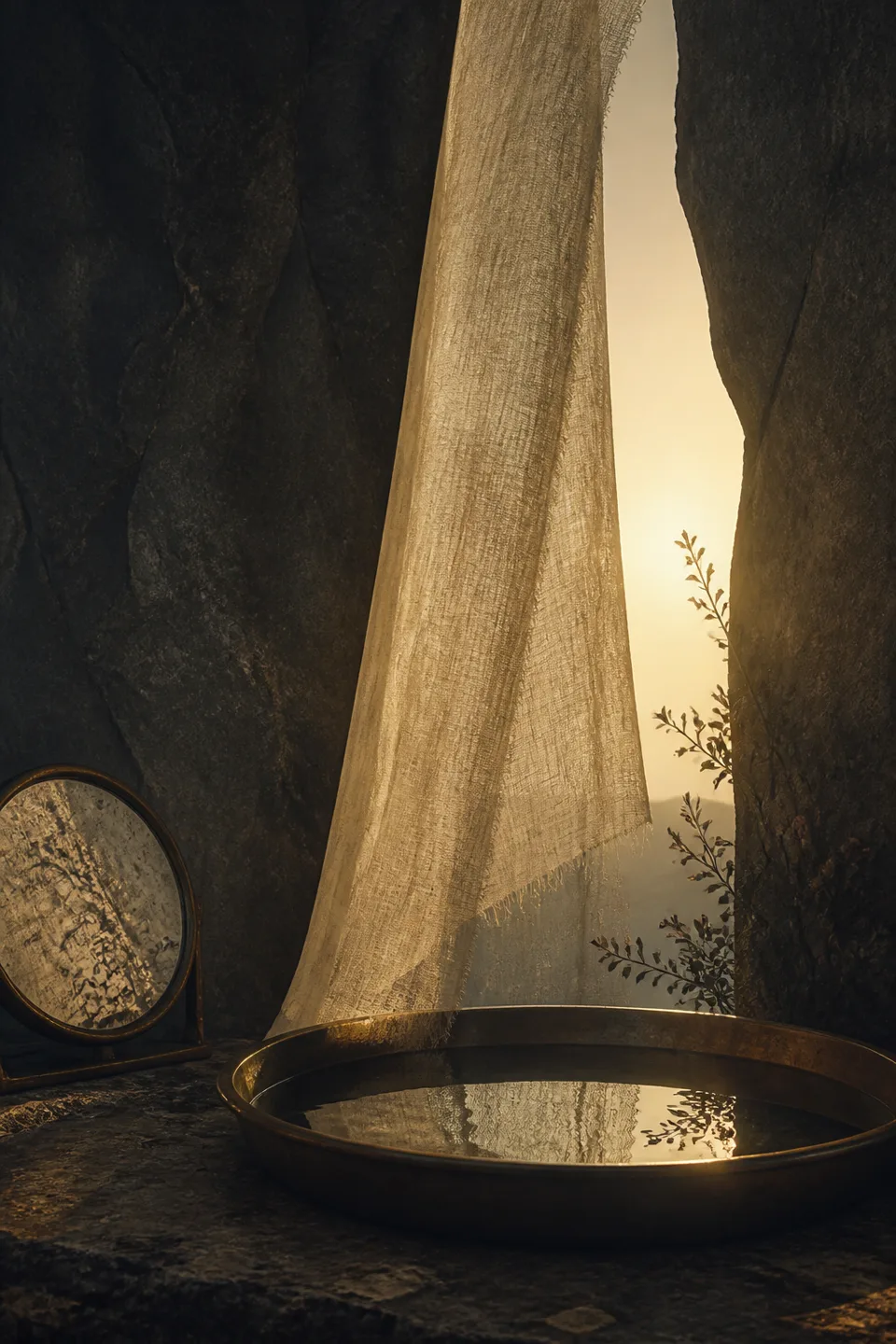 A handwoven veil between cool mineral shadow and a narrow field of warm light, with no deity, icon or sacred symbol.