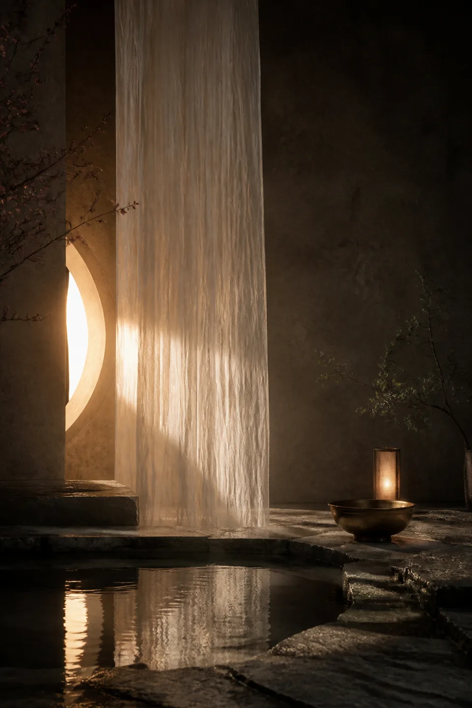 Two quiet light fields held in one tactile room, separated by translucent fabric and generous negative space.