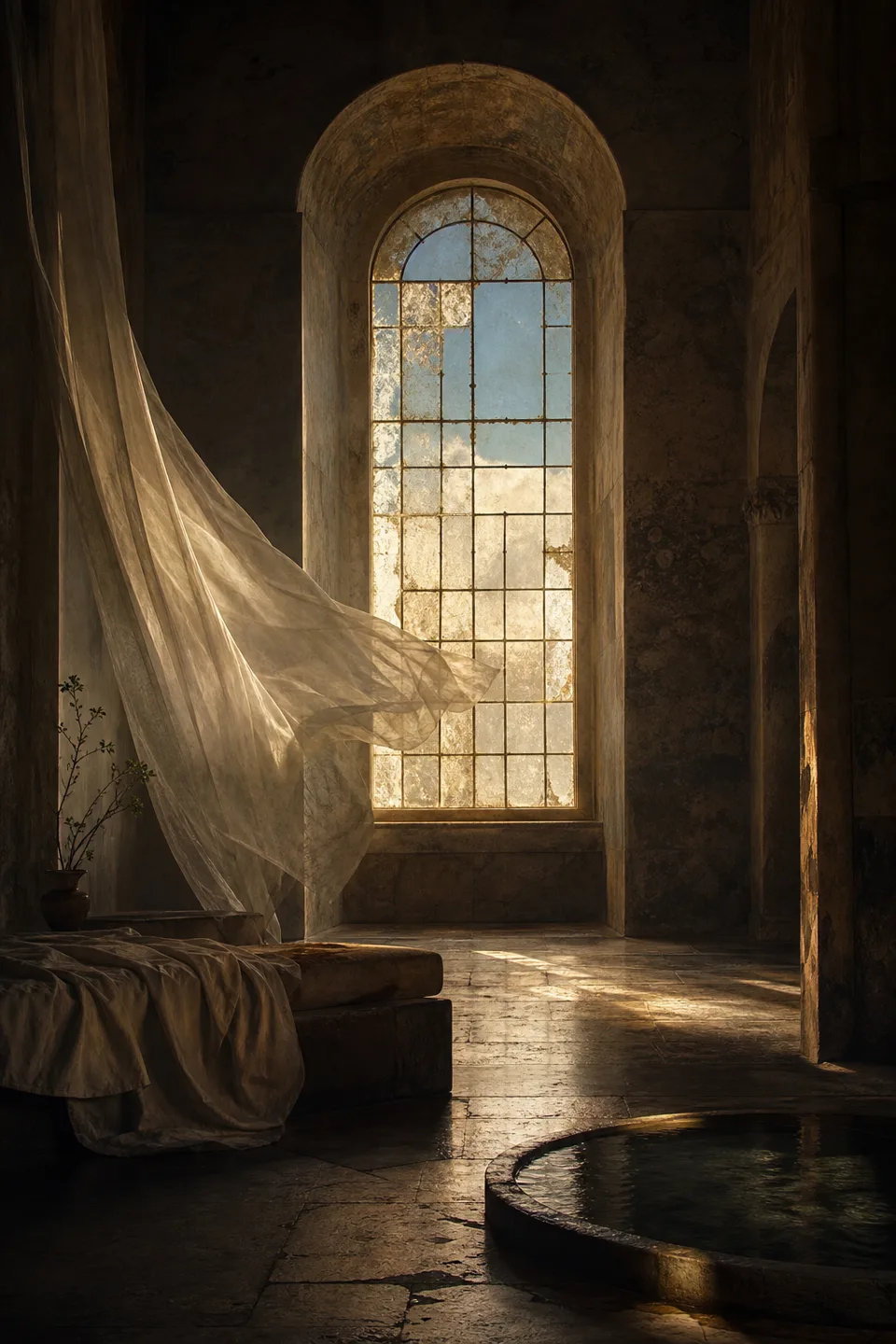 A quiet stone room where linen, breath-soft light and the trace of movement make the body present without making it identifiable.